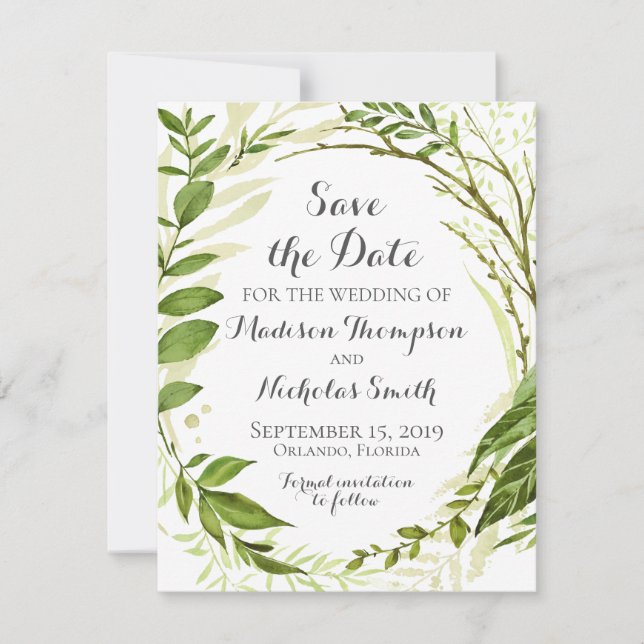 Reserve A Data Rustic Green Wreath Weding The Date Card (Frente)