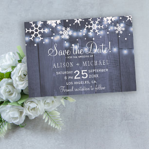 Reserve A Data Rustic lights snowflakes winter wedding save date