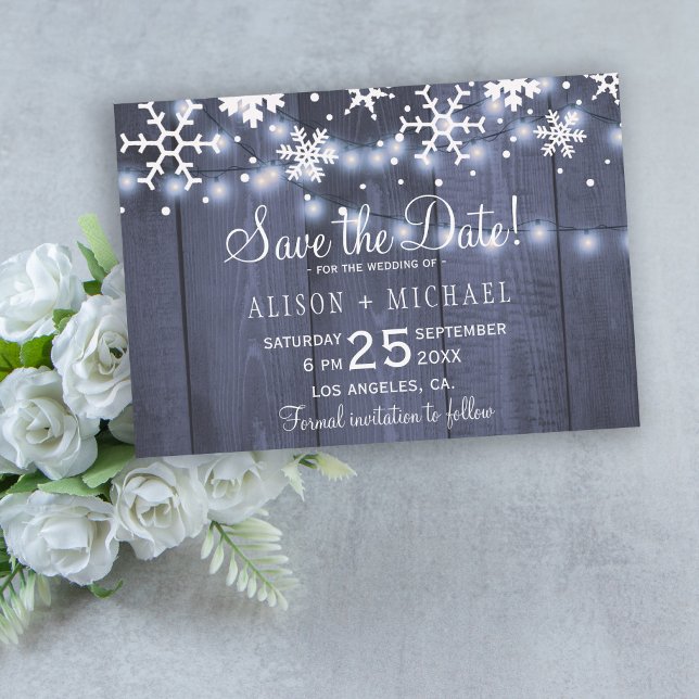Reserve A Data Rustic lights snowflakes winter wedding save date (Criador carregado)