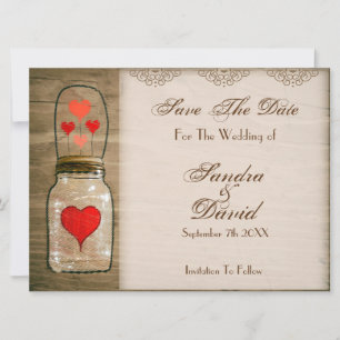 Reserve A Data Rustic Mason Jar e Hearts Salvem a Data