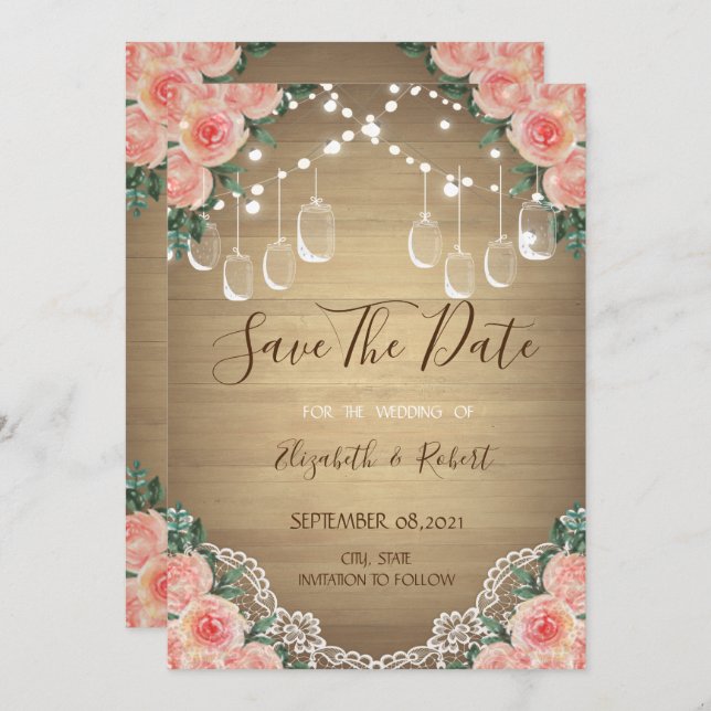 Reserve A Data Rustic Mason Jar, Lace, Floral Salve A Data (Frente/Verso)