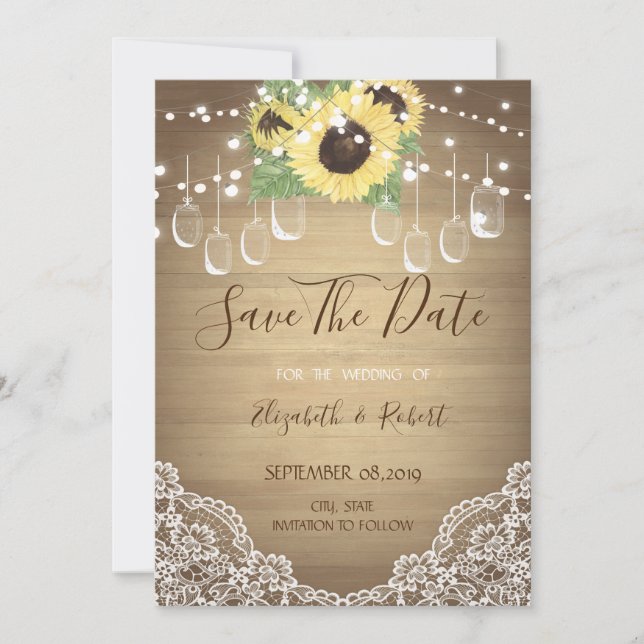 Reserve A Data Rustic Mason Jar, Sunflower, Lace Salvar Data (Frente)