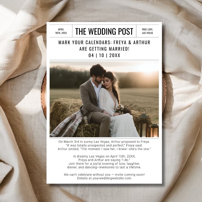Reserve A Data Rustic Newspaper Wedding Photo Save the Date Card (Criador carregado)