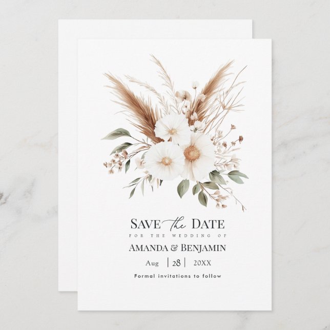 Reserve A Data Rustic Pampas Grass Boho Bohemian Wedding QR Code (Frente/Verso)