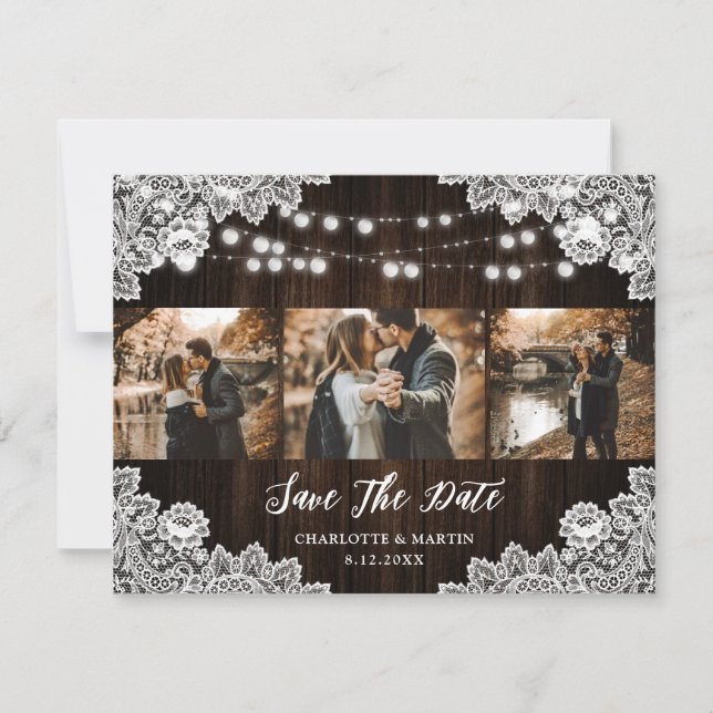 Reserve A Data Rustic Purple Blue Floral Lace 3 Photo Wedding (Frente)