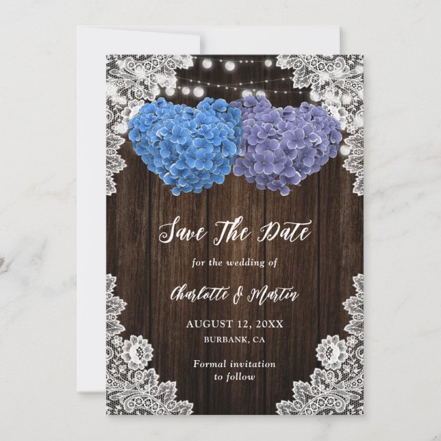 Reserve A Data Rustic Purple Blue Wood Lights Lace Floral Wedding (Frente)