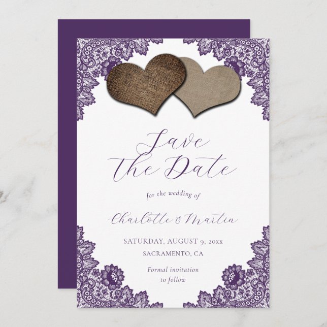 Reserve A Data Rustic Purple Floral Lace Burlap Hearts Wedding (Frente/Verso)