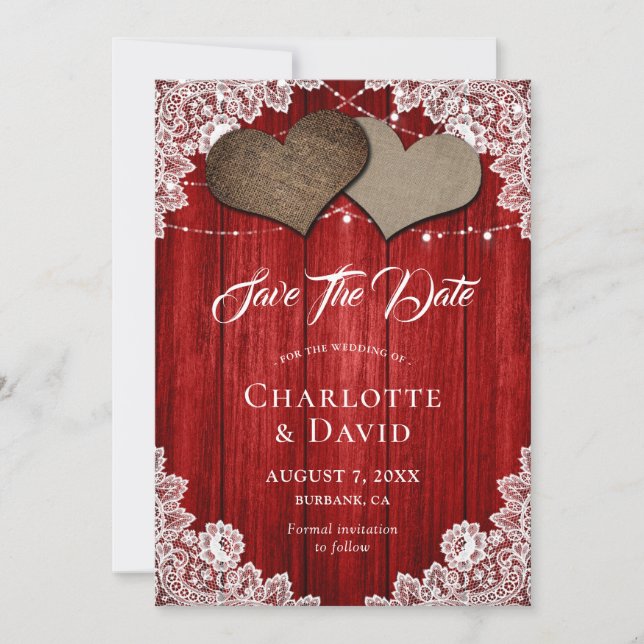 Reserve A Data Rustic Red Burlap Lace Weding The Date Card (Frente)