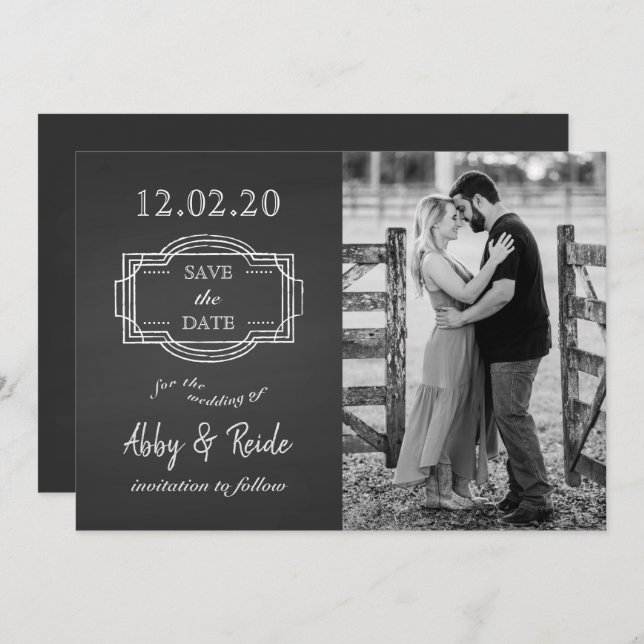 Reserve A Data Rustic Romantic Black & White Photo Save the Date (Frente/Verso)