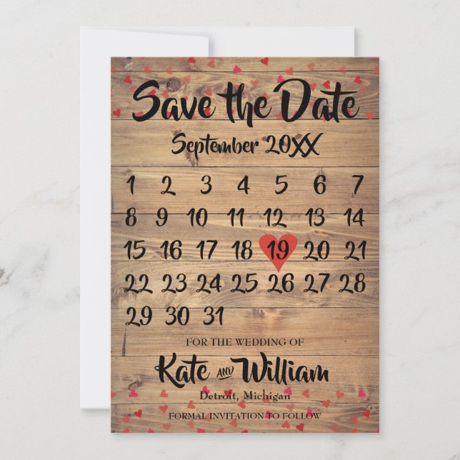 Reserve A Data Rustic Ruby Red Love Heart Calendar Salvar Data (Frente)