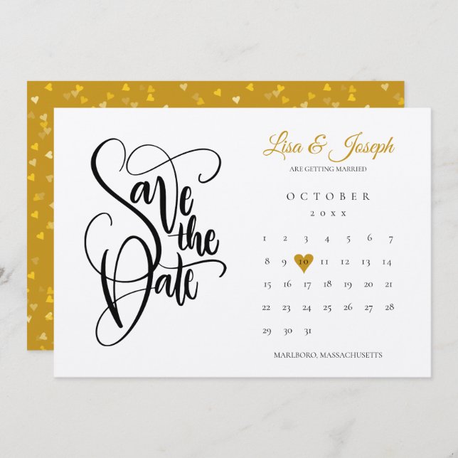 Reserve A Data Rustic Salve a Data Calendar Dourado Love Heart (Frente/Verso)