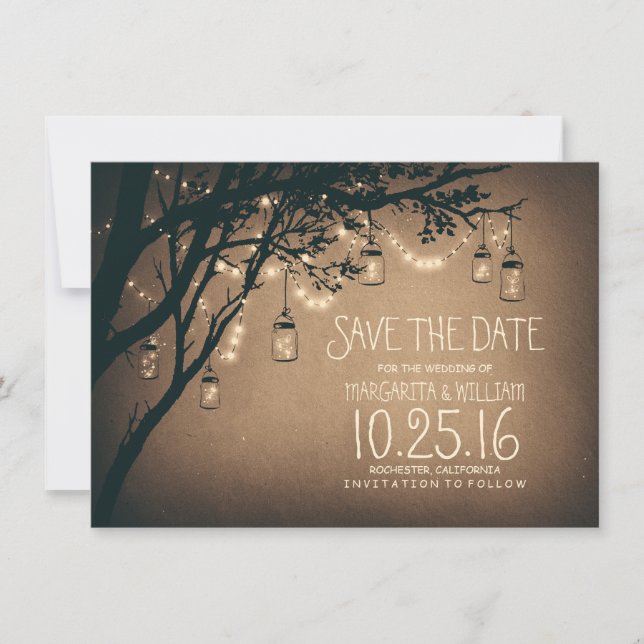 Reserve A Data Rustic Save Date & Fireflies Mason Jars (Frente)