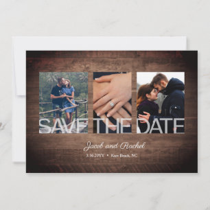 Reserve A Data Rustic Save the Date 3-Photo Collage Wood Wedding