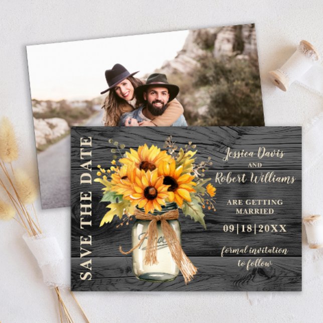 Reserve A Data Rustic Sunflower Mason Jar Salve a Data (Rustic Sunflower String Lights Save the Date Photo Card)