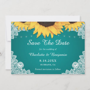 Reserve A Data Rustic Teal Lace Sunflower Casamento Salvar Data
