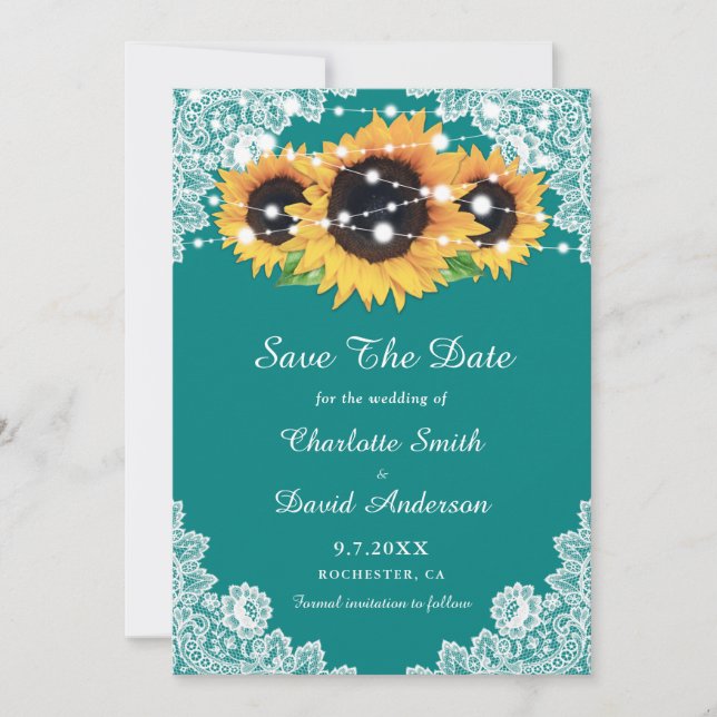 Reserve A Data Rustic Teal Lace Sunflower Casamento Salvar Data (Frente)