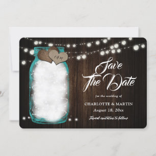 Reserve A Data Rustic Teal Mason Jar Wood String Luzes Casamento