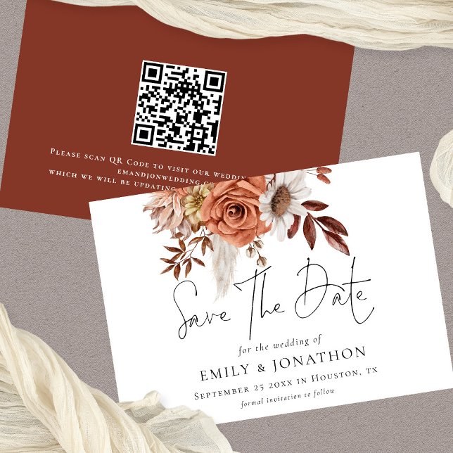Reserve A Data Rustic Terracotta Fall Florals Código QR Casamento (Available digitally or printed)