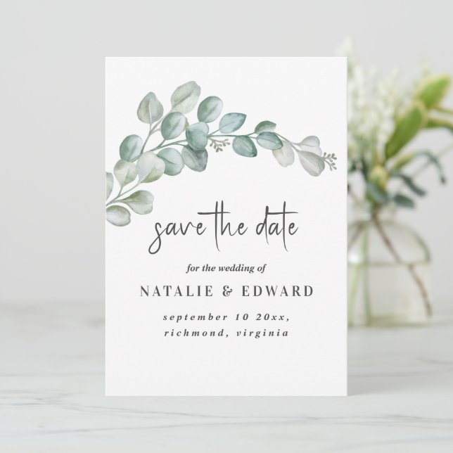 Reserve A Data Rustic Watercolor Eucalyptus Greenery Wedding (Em pé/Frente)