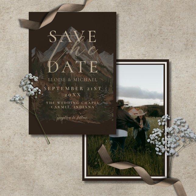 Reserve A Data Rustic Watercolor Mountain Photo Wedding  (Rustic Watercolor Mountain Photo Wedding Save The Date)