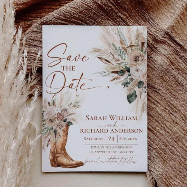 Reserve A Data Rustic Western Boho Cowgirl Boots Save the Date (Desert Boho Pampas Grass Wedding Announcement)