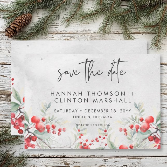 Reserve A Data Rustic Winter Holly & Pine Wedding (Rustic Winter Holly & Pine Wedding Save The Date)