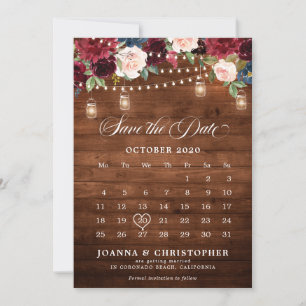 Reserve A Data Rustic Wood Burgundy Floral Mason Jar Calendário