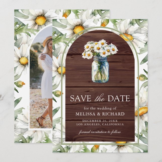 Reserve A Data Rustic Wood Daisies Floral Mason Jar Photo Wedding (Frente/Verso)
