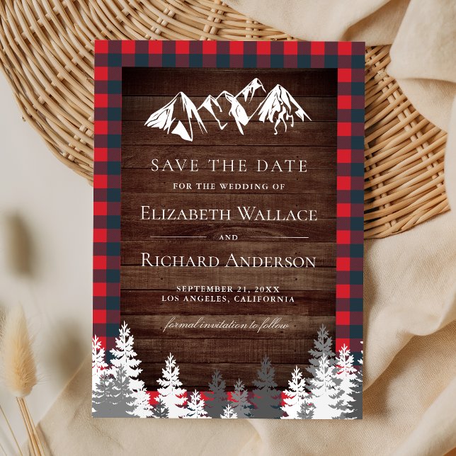Reserve A Data Rustic Wood Red Buffalo Plaid Mountain Wedding (Criador carregado)