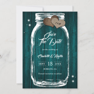 Reserve A Data Rústica Country Teal Wood Hearts Mason Jar Wedding