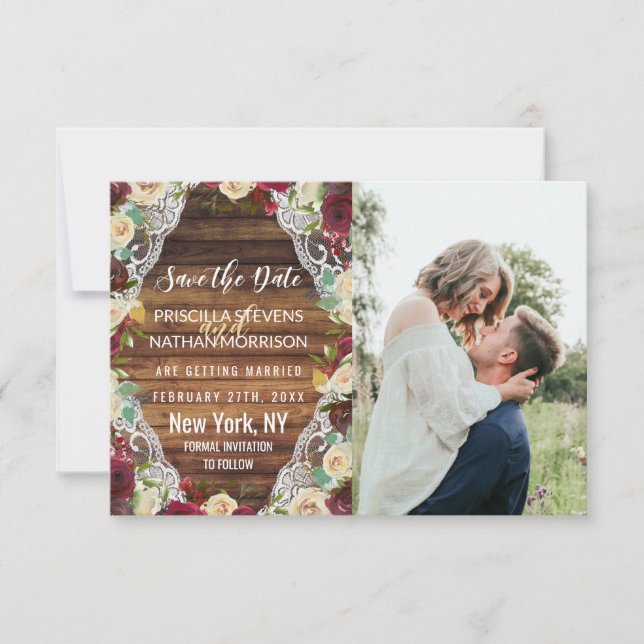 Reserve A Data Rústica País Vermelho Ivory Floral Lace Madeira (Frente)