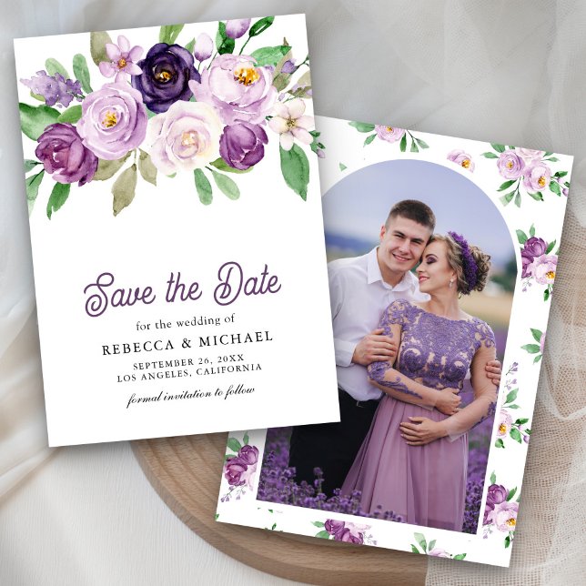 Reserve A Data Rústico Floral Roxo Foto Casamento (Criador carregado)