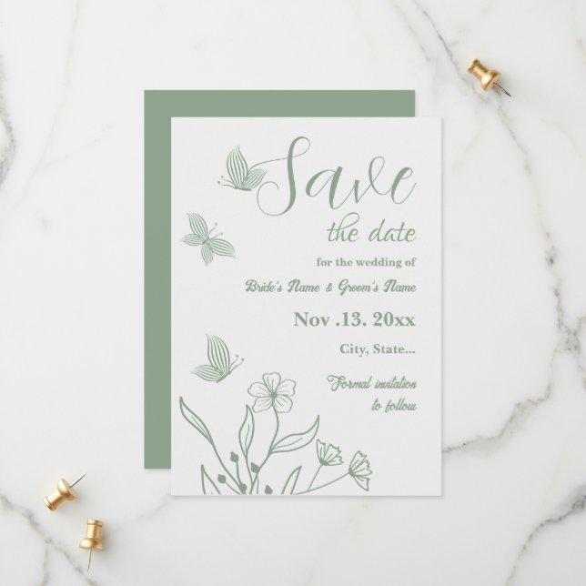 Reserve A Data Sage elegante romântico casamento floral verde (Frente/Verso In Situ)