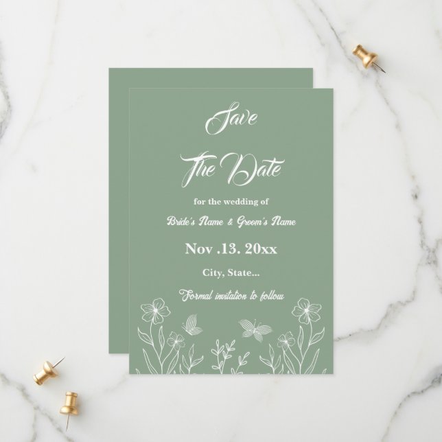 Reserve A Data Sage elegante romântico casamento floral verde (Frente/Verso In Situ)