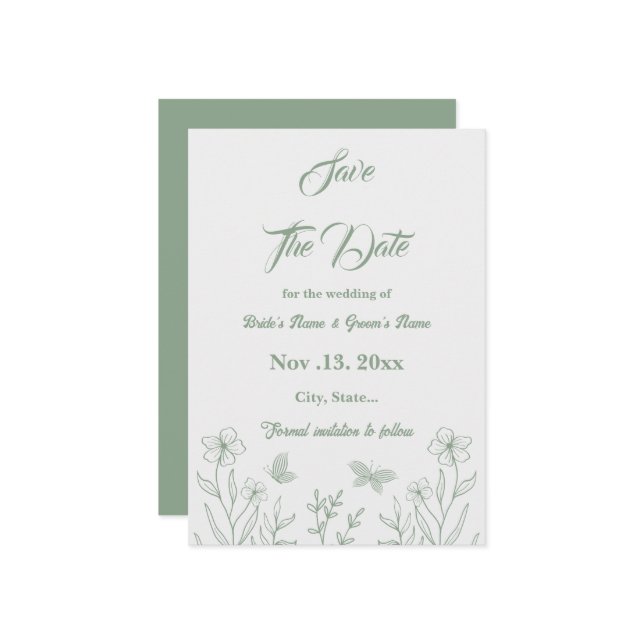 Reserve A Data Sage elegante romântico casamento floral verde (Frente/Verso In Situ)