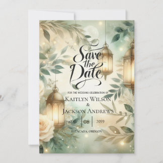 Reserve A Data Sage Green and Ivory Rose Lantern Save the Date