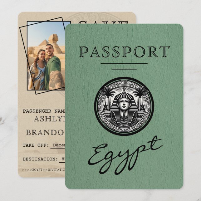 Reserve A Data Sage Green Egypt Passport Wedding Save the Date (Frente/Verso)