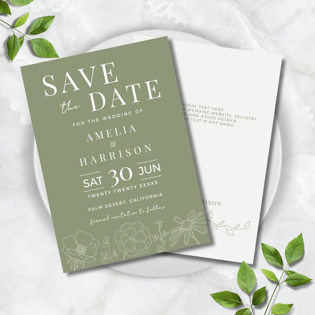 Reserve A Data Sage Green Elegant Floral Line Art Wedding (Sage Green Elegant Floral Line Art Wedding Save the Date Invitation with Optional Text on Back.)