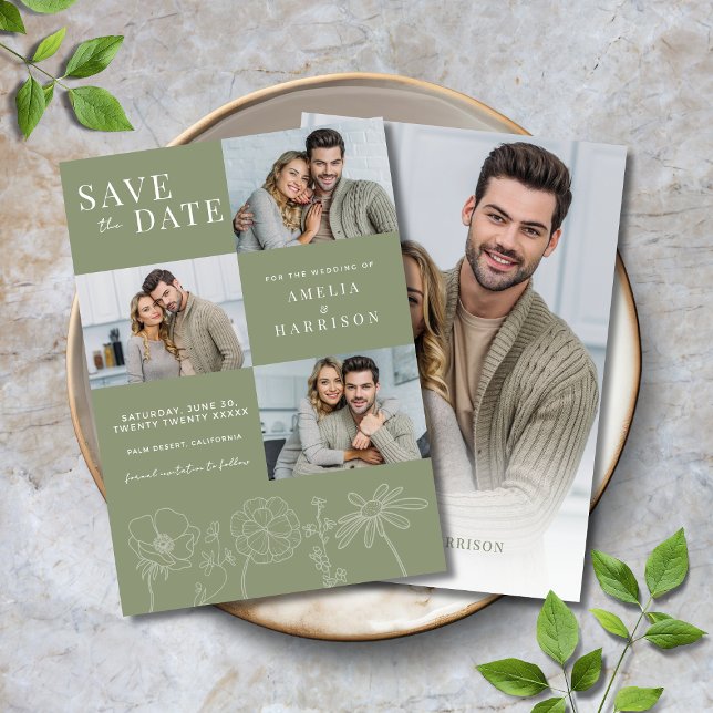 Reserve A Data Sage Green Elegant Floral Quatro Foto Casamento (Sage Green Elegant Floral Four Photo Wedding Save the Date with Line Art Flowers, Modern Typography.)