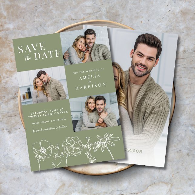 Reserve A Data Sage Green Elegant Floral Quatro Foto Casamento (Sage Green Elegant Floral Four Photo Wedding Save the Date with Line Art, 3 front photos, 1 on back.)
