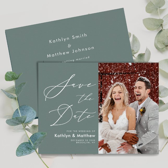 Reserve A Data Sage Green Elegant Script Modern Photo Wedding (Criador carregado)