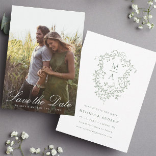 Reserve A Data Sage Green Floral Crest Foto de Casamento