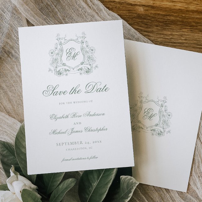 Reserve A Data Sage Green Floral Crest Monograma Casamento Legant (Criador carregado)
