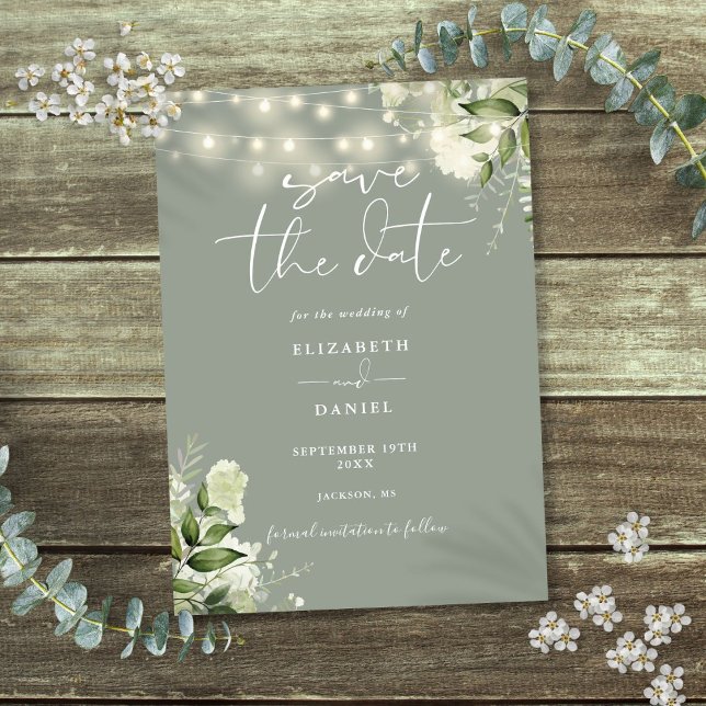 Reserve A Data Sage Green Floral Greenery String Luzes Casamento (Sage Green Floral Greenery String Lights Wedding Save The Date)