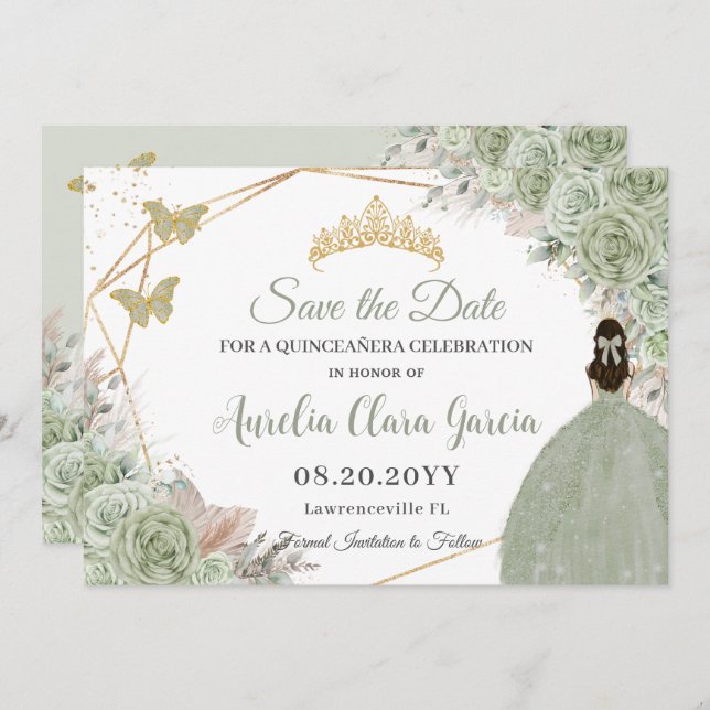 Reserve A Data Sage Green Floral Pampas Grass Quinceanera Dourada (Frente/Verso)