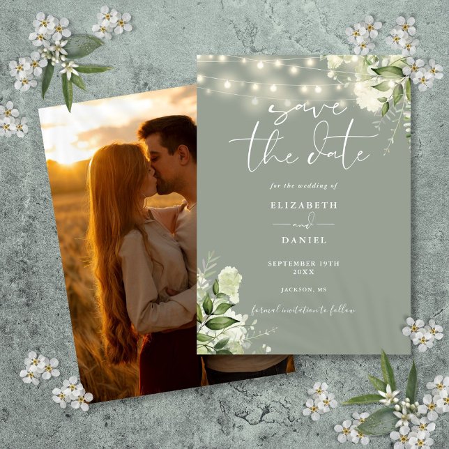 Reserve A Data Sage Green Floral String Luz Foto Casamento (Sage Green Floral String Lights Photo Wedding Save The Date)