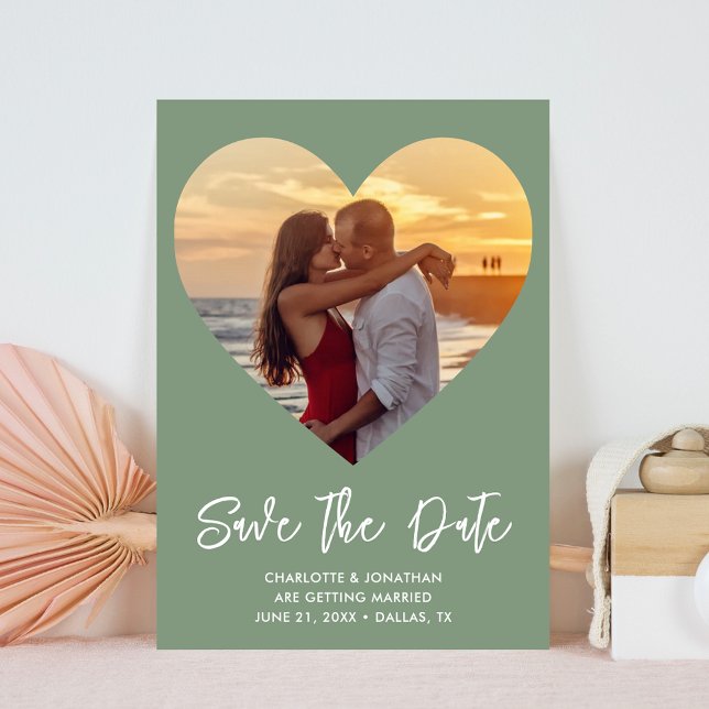 Reserve A Data Sage Green Heart Cutout Para Foto De Casamento (Sage Green, Heart Cutout for Wedding Photo, Save The Date Card)