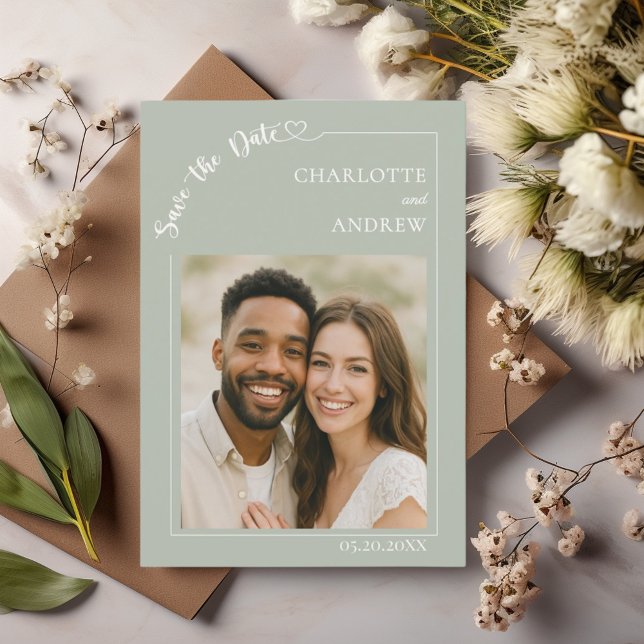 Reserve A Data Sage Green Ivory photo wedding Save the Date (Criador carregado)