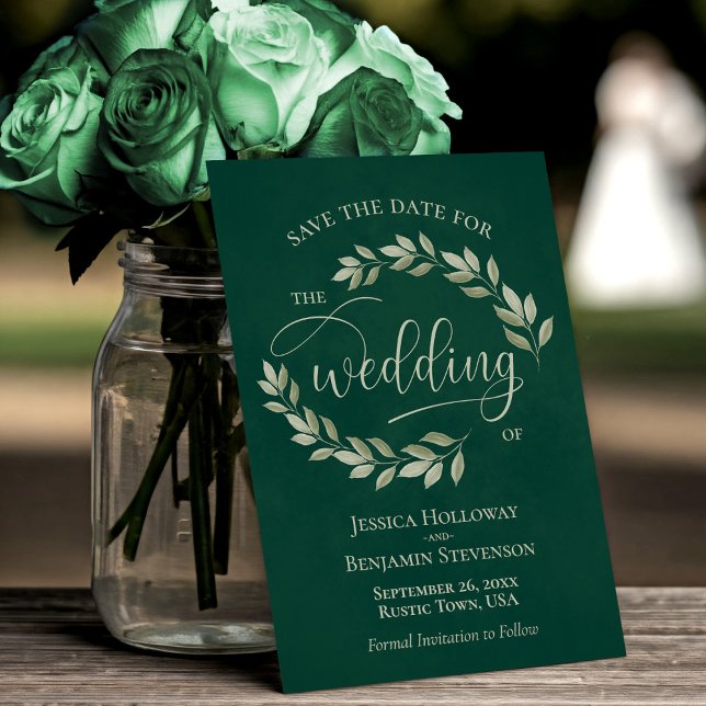 Reserve A Data Sage Green Leaves no casamento Emerald Verde Elega (Criador carregado)