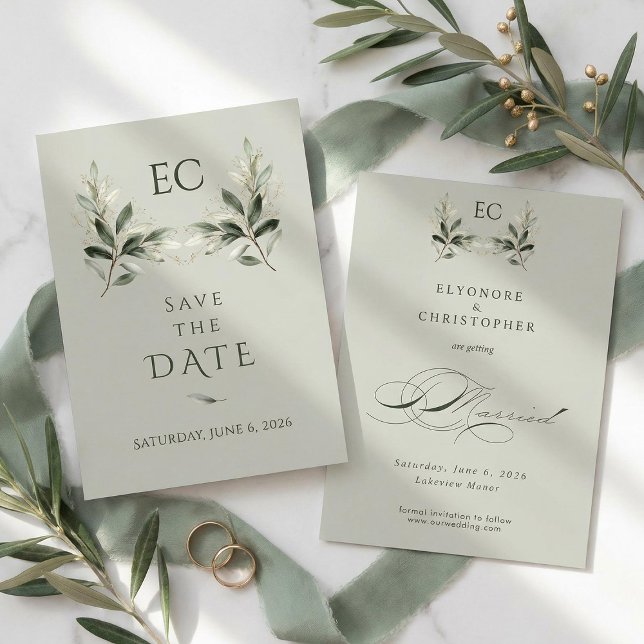 Reserve A Data Sage Green Olive Branch Monogram Wedding (Criador carregado)